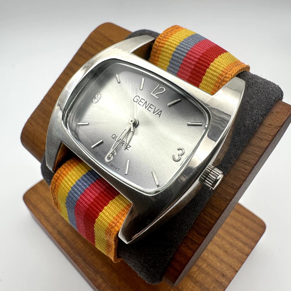 Geneva Quartz Watch Silver Rectangle Case Striped Fabric Strap